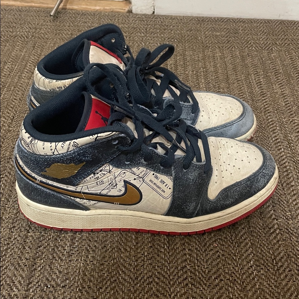 Nike Air Jordan 1 Map Design Sneakers - Navy, Cream, Gold